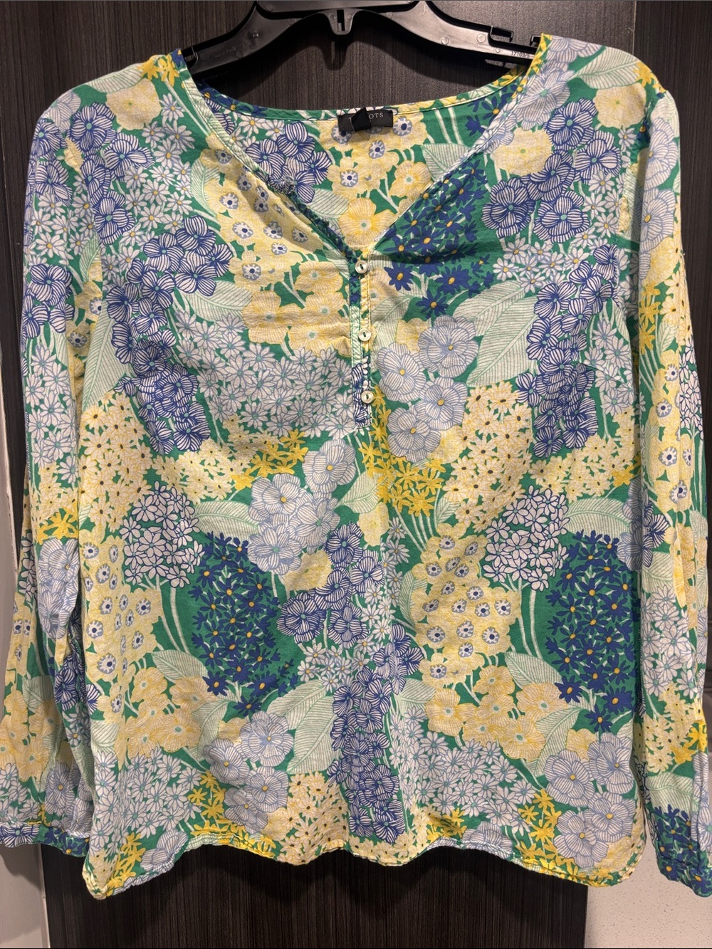 Talbots Floral Long-Sleeve Top in Green, Yellow & Purple, Size Large Petite
